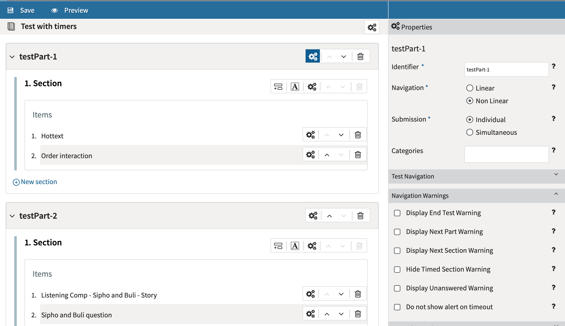 Configuring settings for a test part in TAO