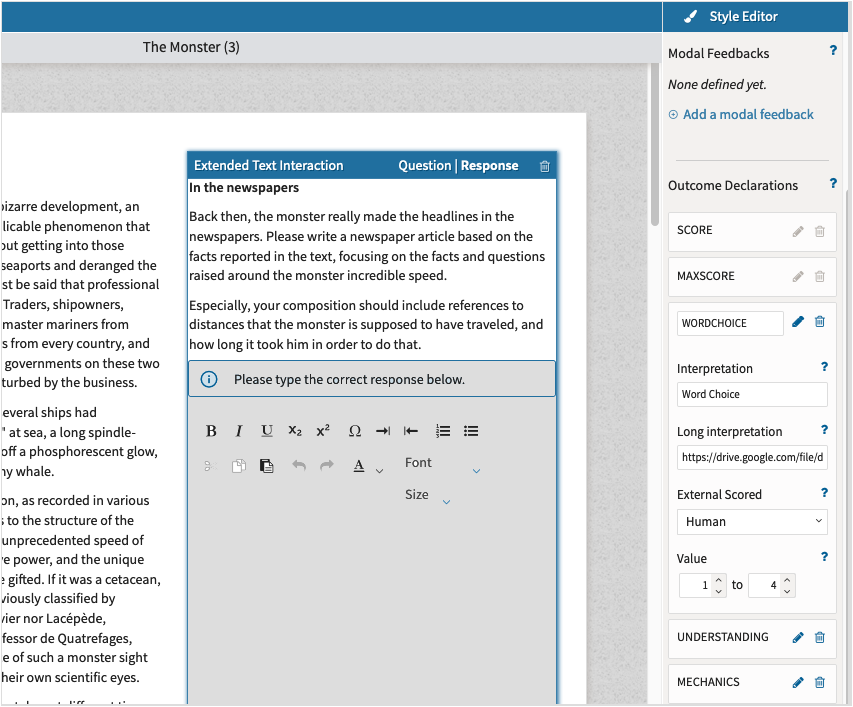 Configuring item outcome declarations for manual scoring in TAO when creating a new item.