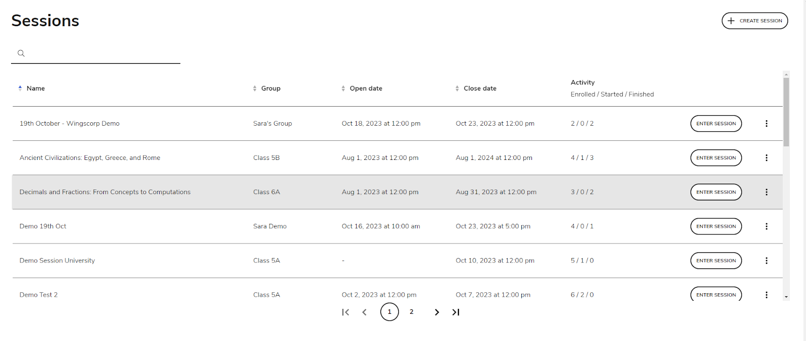 Sessions management landing page