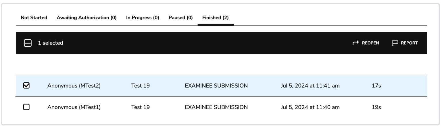 Reopening a session/reporting a test-taker