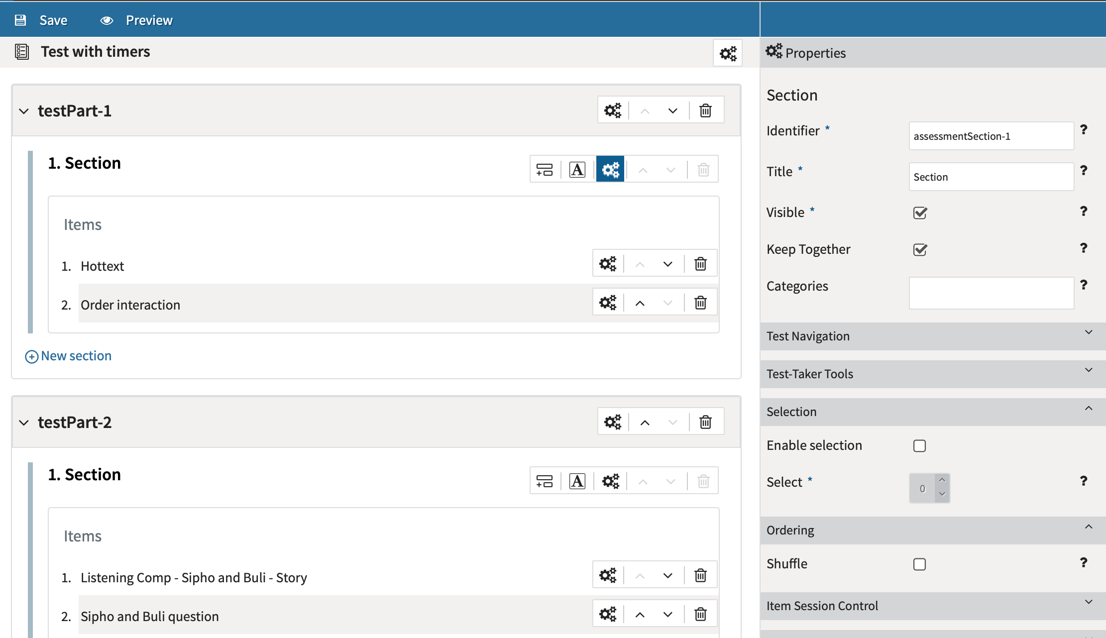 Configuring test section properties 